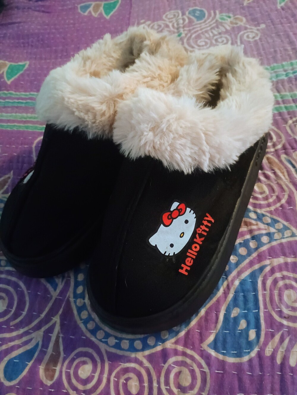 Hello Kitty Black Slippers with Cream Faux Fur Trim and Red Bow Accent